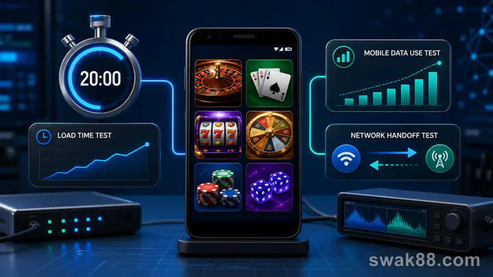 An Android phone tested for load time, data use, and network handoff