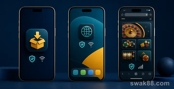 Three phones comparing APK, progressive web app, and mobile browser casino play